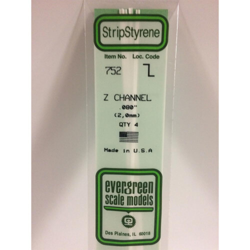 Evergreen Evergreen 752 - 0.08"/2.0mm Polystyrene Z-Channels 14"/35cm 4 pcs