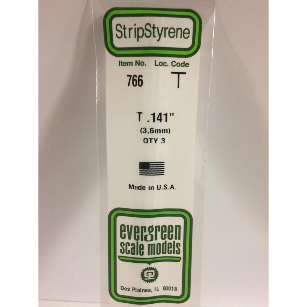 Evergreen 766 - 0.141"/3.6Mm Polystyrene T-Shapes 14"/35Cm 3 Pcs