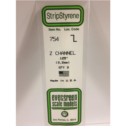 Evergreen Evergreen 754 - 0.125"/3.2mm Polystyrene Z-Channels 14"/35cm 3 pcs