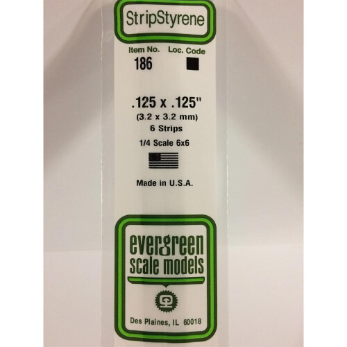 Evergreen Evergreen 186 - 0.125" x 0.125" Polystyrene Strips 14"/35cm 10pcs