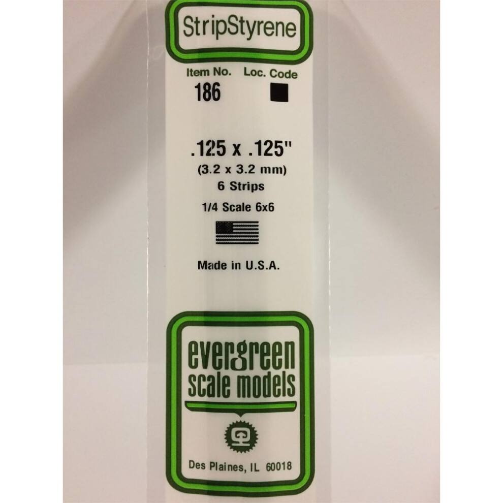 Evergreen 186 - 0.125" X 0.125" Polystyrene Strips 14"/35Cm 10Pcs