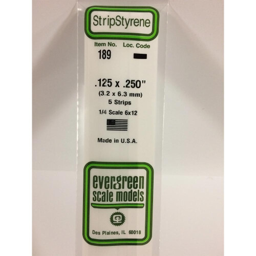 Evergreen Evergreen 189 - 0.125" x 0.250" Polystyrene Strips 14"/35cm 10pcs