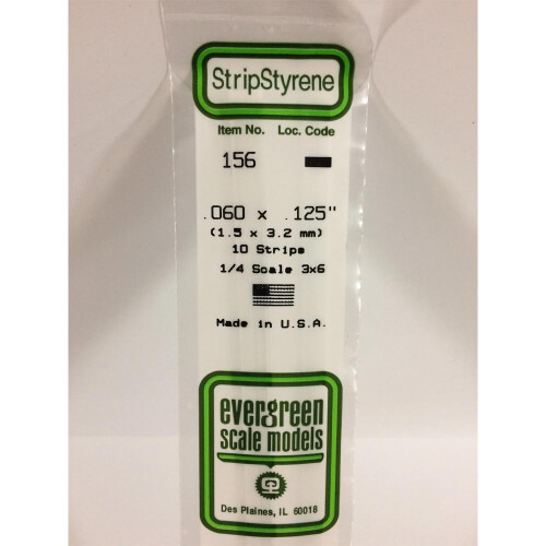 Evergreen Evergreen 156 - 0.06" x 0.125" Polystyrene Strips 14"/35cm 10pcs