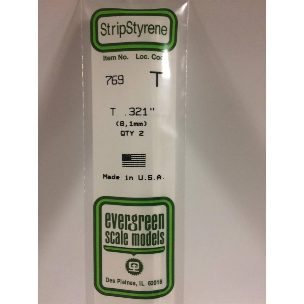 Evergreen 769 - 0.321"/8.1Mm Polystyrene T-Shapes 14"/35Cm 2 Pcs