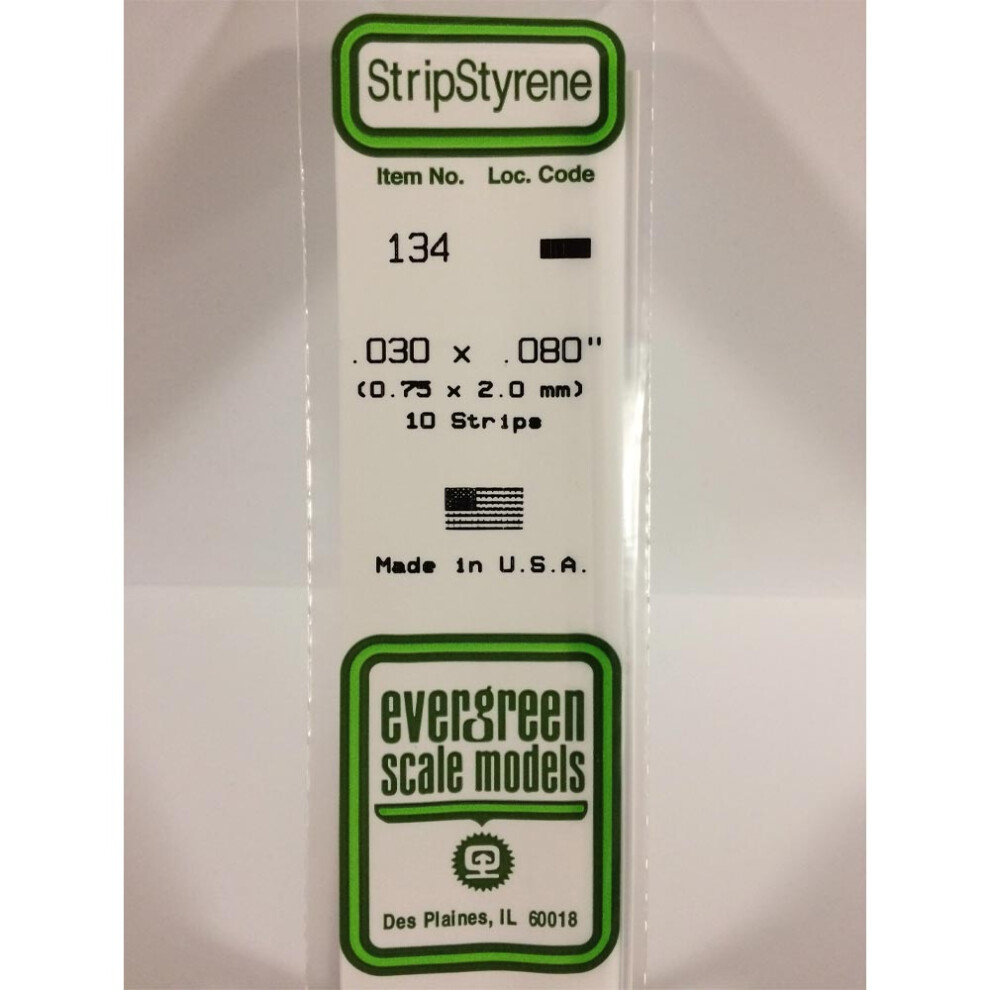 Evergreen 134 - 0.03" X 0.08" Polystyrene Strips 14"/35Cm 10Pcs White