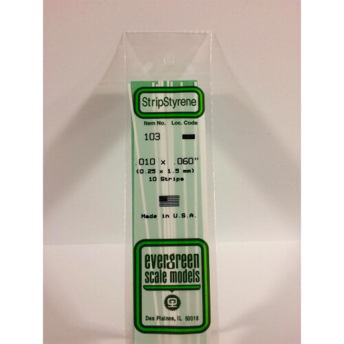 Evergreen Evergreen 103 - 0.01" x 0.06" Polystyrene Strips 14"/35cm 10pcs