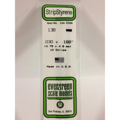 Evergreen Evergreen 138 - 0.03" x 0.188" Polystyrene Strips 14"/35cm 10pcs