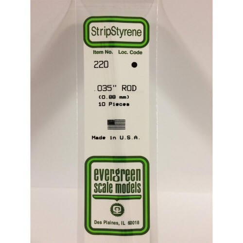 Evergreen Evergreen 220 - 0.035/0.88mm Polystyrene 14"/35cm Rods 10pcs