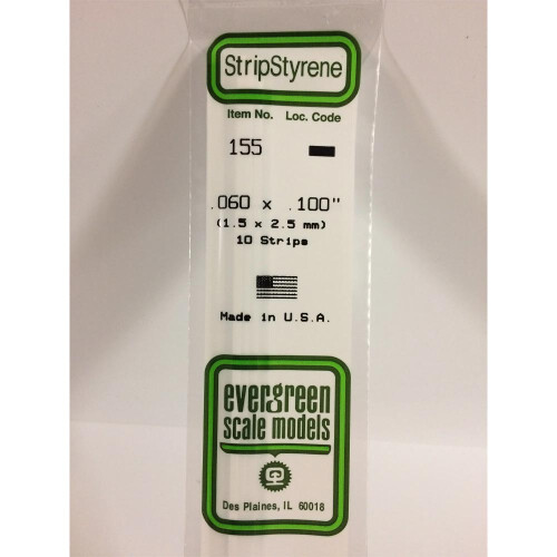 Evergreen Evergreen 155 - 0.06" x 0.1" Polystyrene Strips 14"/35cm 10pcs