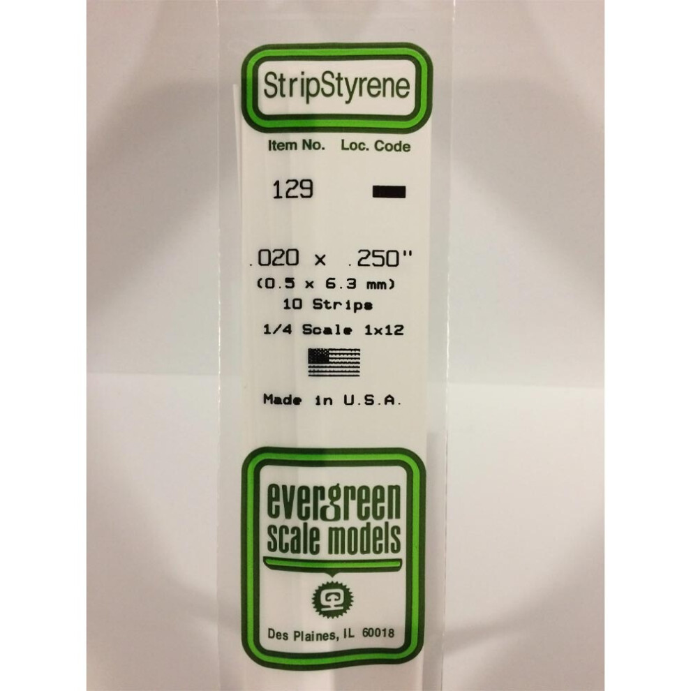Evergreen 129 - 0.02" X 0.25" Polystyrene Strips 14"/35Cm 10Pcs