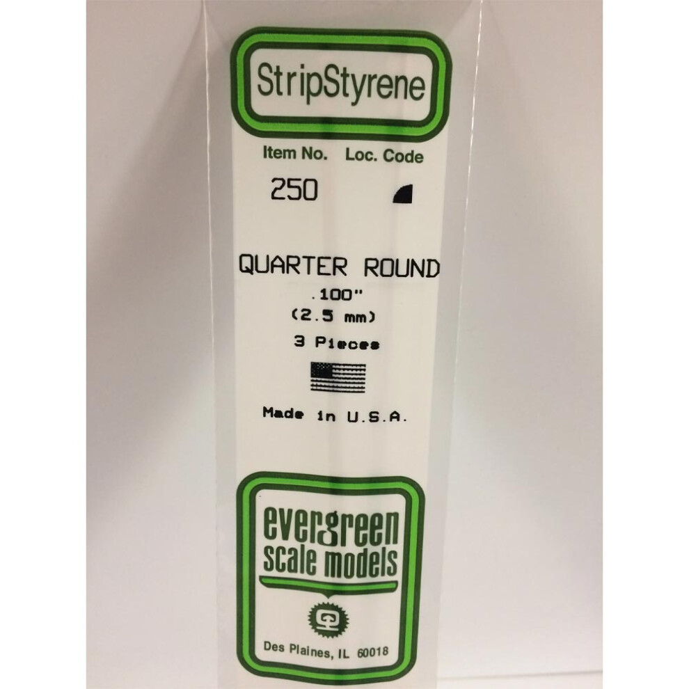 Evergreen 250 - 0.1"/2.5Mm Polystyrene Quarter Round 14"/35Cm Lengths 3 Pcs