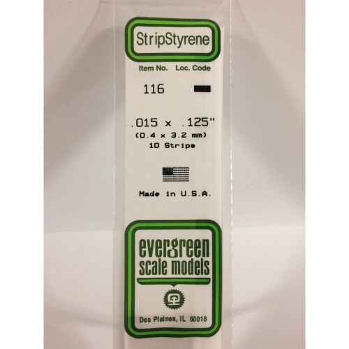 Evergreen Evergreen 116 - 0.015" x 0.125" Polystyrene Strips 14"/35cm 10pcs