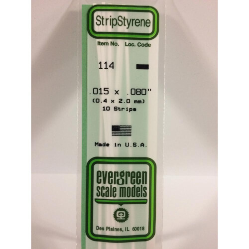 Evergreen Evergreen 114 - 0.015" x 0.08" Polystyrene Strips 14"/35cm 10pcs