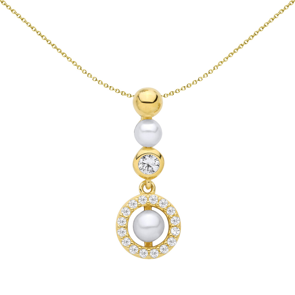 Jewelco London Yellow Gold-Plated Sterling Silver Pearl & Cz Saturn Halo Orbit Charm Pendant - Gvp719