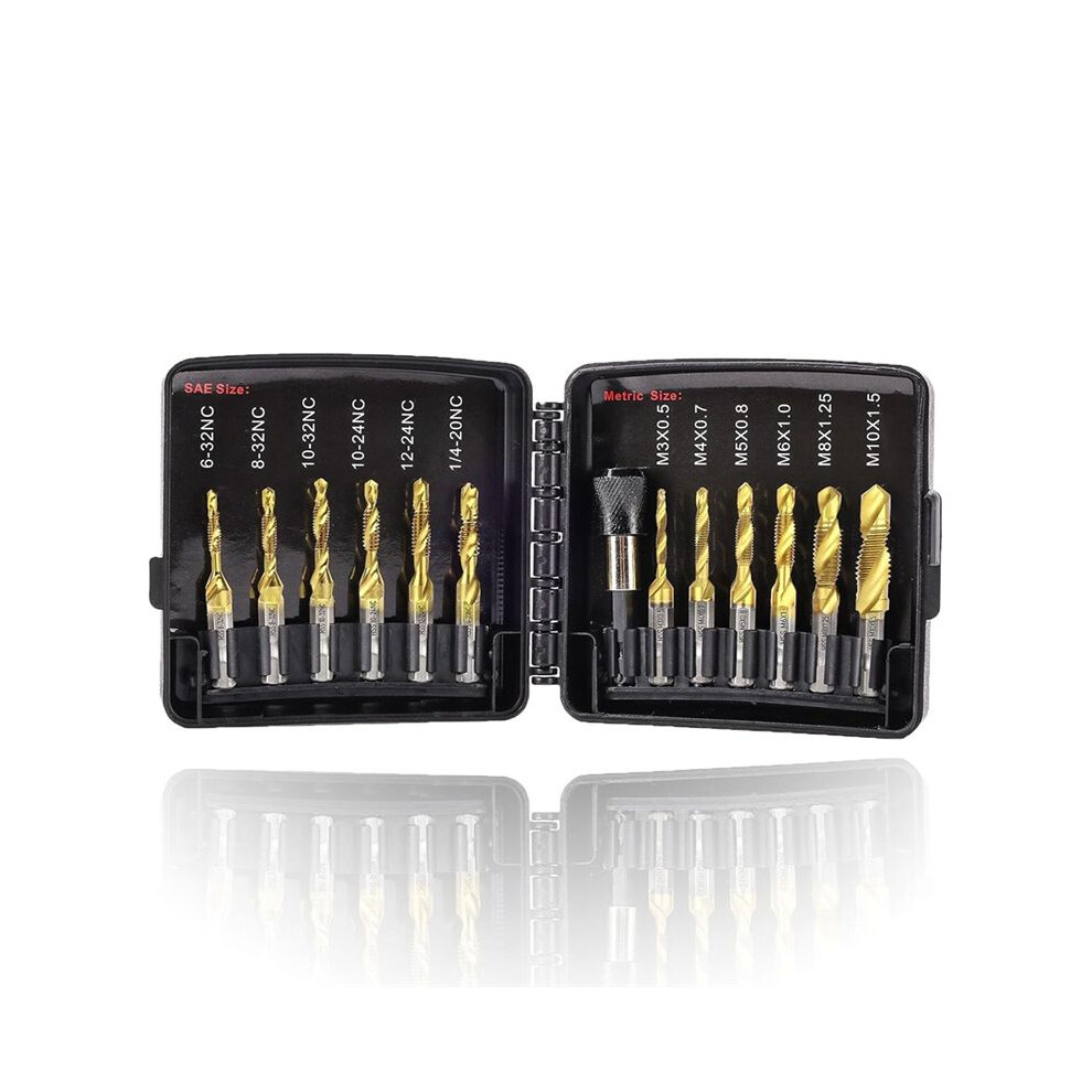 Drill Tap Set With Quick-Change Adapter Of 13Pcs, 6 Sae Sizes, 6 Metric Sizes, Combination Drill And Tap Set 4712661915833