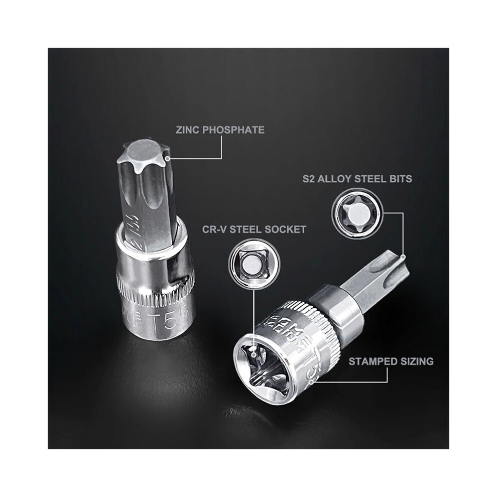 13Pcs Star Torx Bit Socket Set T8-T70 H2-H14,Crv Sockets 1/4Inch,3/8Inch & 1/2Inch Drive For Hand Use Work 6031357745744