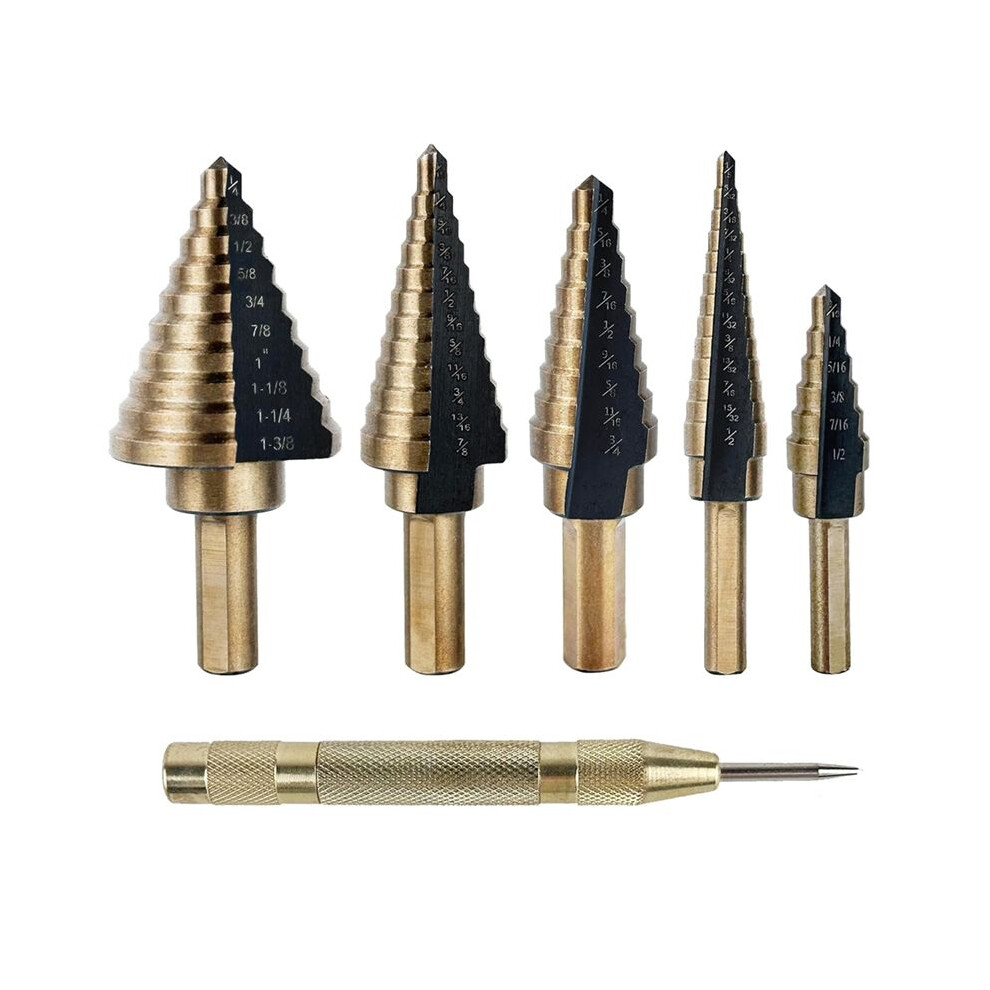 5Pcs Step Drill Bits For Metal, Wood, Plastic, 50 Sizes Tri-Flat Shank Hss Titanium Step Drill Bit Set With Center Punch 4711634166852
