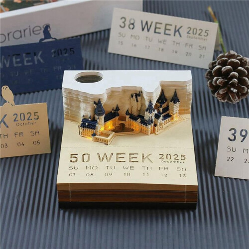 2X Calendrier de Bureau 2025, Bloc-Notes, Bloc-Notes 3D Magic Castle  Piece avec Lumières 1