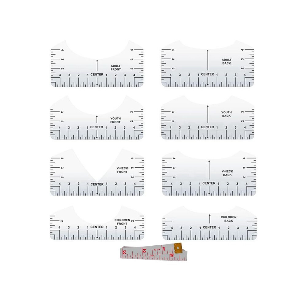 9Pcs Tshirt Ruler Guide To Center Vinyl, Transparent V-Neck/Round Pvc Ruler For Alignment, Heat Press 6033967211459