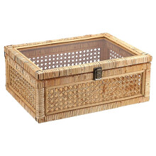 Rattan Display Box with Clear Lid Rectangular Wicker Storage Basket Bin with Metal Secure Handwoven Decorative Box