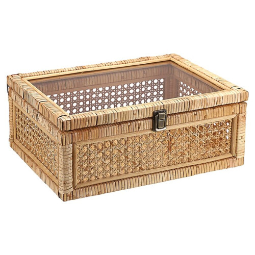 Rattan Display Box with Clear Lid Rectangular Wicker Storage Basket Bin with Metal Secure  Handwoven Decorative Box