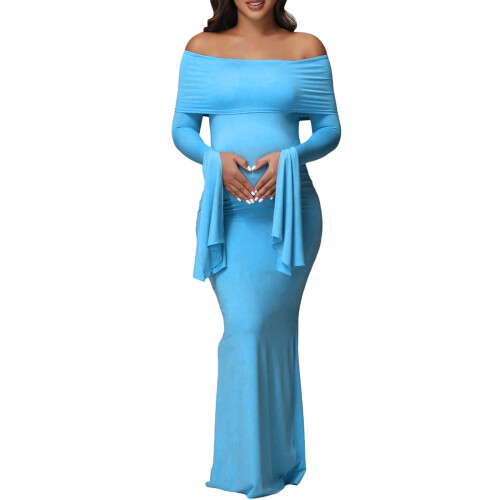Practical Pocketed Maternity Dress Easy Access Personal-Blue L