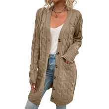 Cardigan à Manches Longues pour Femme, Automne et Hiver, Pull en Tricot Torsadé, Boutonné sur le Devant, Manteau Long Kaki M