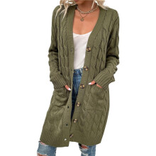 Cardigan à Manches Longues pour Femme, Automne et Hiver, Pull en Tricot Torsadé, Boutonné sur le Devant, Manteau Long Vert Armée XL