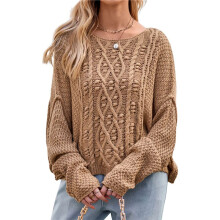 Womens Oversized Cable Knit Crew Neck Long Sleeve Fall Chunky Pullover Casual Loose Fit Sweater Tops Khaki S