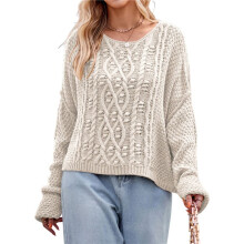 Womens Oversized Cable Knit Crew Neck Long Sleeve Fall Chunky Pullover Casual Loose Fit Sweater Tops Apricot L