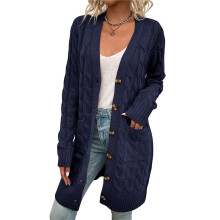 Cardigan à Manches Longues pour Femme, Automne et Hiver, Pull en Tricot Torsadé, Boutonné sur le Devant, Manteau Long Bleu Foncé L