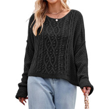 Womens Oversized Cable Knit Crew Neck Long Sleeve Fall Chunky Pullover Casual Loose Fit Sweater Tops Black M