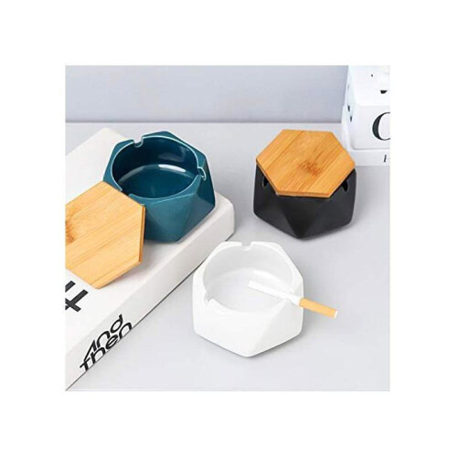 Simple geometric ceramic ashtray with bamboo lid. 1