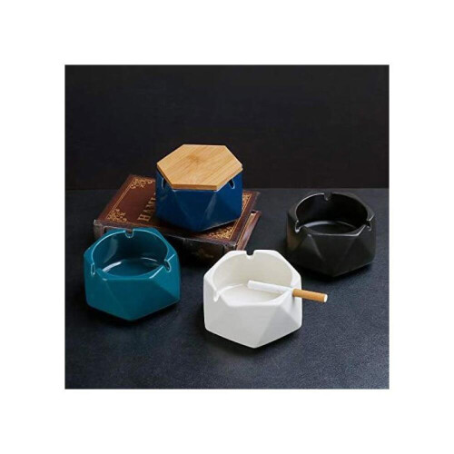 Simple geometric ceramic ashtray with bamboo lid. 2