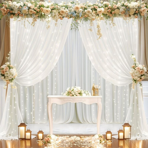 10x10ft White Tulle Backdrop Curtain with Lights String 2 Panels White Backdrop Curtains for Wedding Partie 2