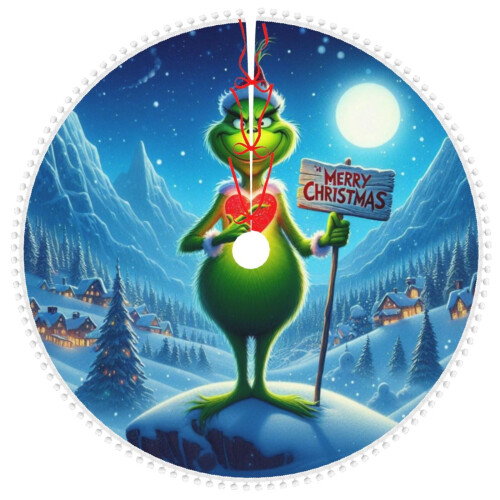 Grinch-Weihnachtsbaumdecke mit Pompon-Borte, 30 Zoll