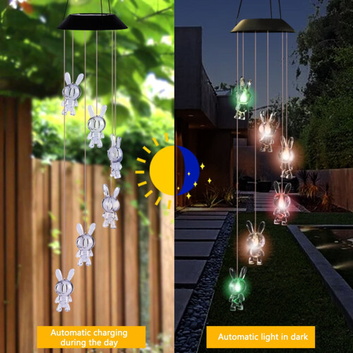 Solarbetriebenes LED-Windspiel mit 6 Hasenlichtern