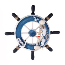 Houten scheepswiel, nautische decoratie, blauw