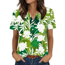 Womens Tops V Neck Short Sleeve Shirts Casual-Army Green L