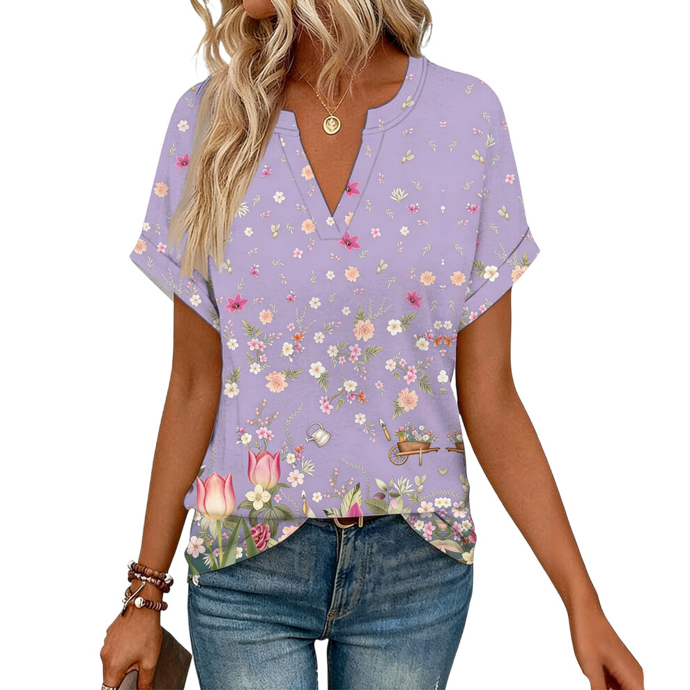 Purple Women's Short Sleeve V-Neck Blouses, Work Blouses,- Xxl