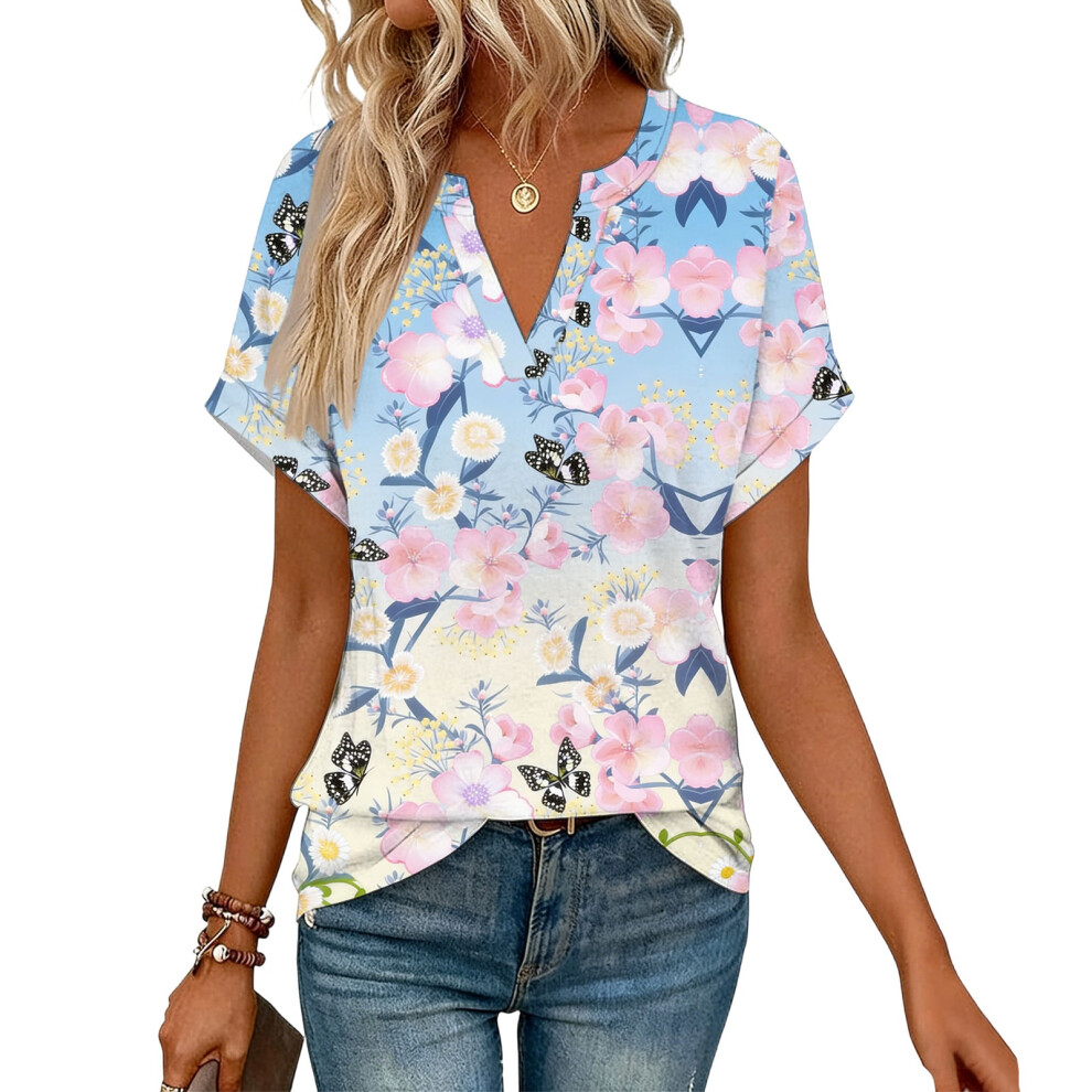 Sky Blue Women's Short Sleeve V-Neck Blouses, Work- Xxl