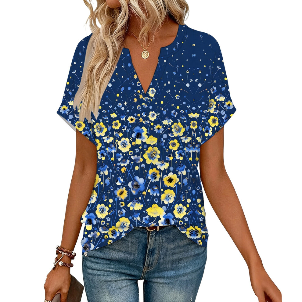 Blue Women's Short Sleeve V-Neck Blouses, Work Blouses,- L