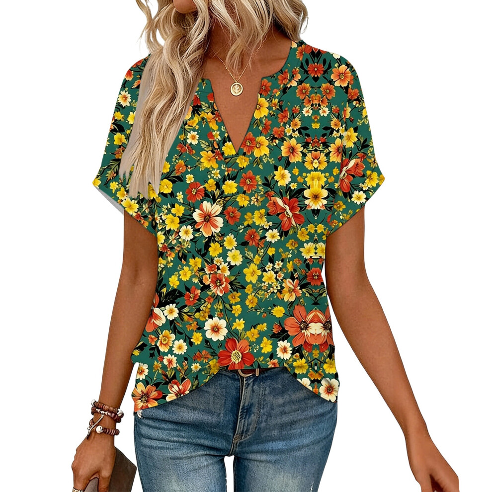 Green Women's Short Sleeve V-Neck Blouses, Work Blouses,- S