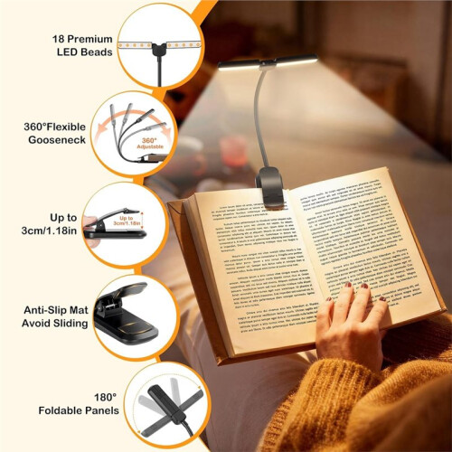 18 LED Rechargeable Book Light for Reading in Bed-3 Color Temperatures & Stepless Dimming&Memory Function,Foldable Panel 2