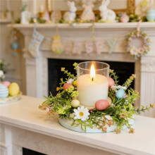 4 Pack Easter Egg Candle Rings Wreath with Daisy Flower Spring Egg and Pastel Pip Berry Candle Rings Holder Wreaths 4"