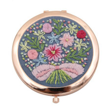 (Bouquet, Gold) Cute bear double-sided folding women's cosmetic mirror handmade diy embroidery material package cat mirror