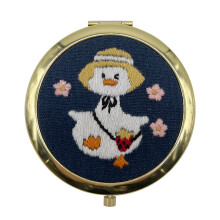 (Cosmetic Mirror-Little White Goose, Gold) Cute bear double-sided folding women's cosmetic mirror handmade diy embroidery material package cat mirror