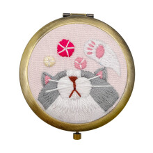 (Cosmetic mirror-grey cat, Rose gold) Cute bear double-sided folding women's cosmetic mirror handmade diy embroidery material package cat mirror