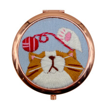 (Cosmetic Mirror-Orange Cat, Bronze) Cute bear double-sided folding women's cosmetic mirror handmade diy embroidery material package cat mirror