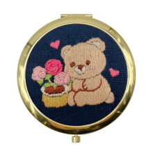 (Cosmetic Mirror-Care Bears, gold) Cute bear double-sided folding women's cosmetic mirror handmade diy embroidery material package cat mirror